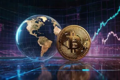 Central Bank Digital Currency (CBDC) concept showing a digital coin with global financial technology elements.