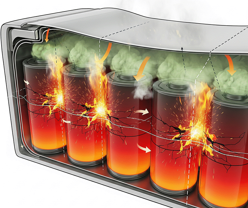 Phone Battery Swelling: How to Stop It Safely Illustration of internal lithium-ion battery cells overheating and gas buildup inside the battery