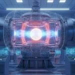 Illustration of nuclear fusion inside a tokamak reactor with glowing plasma