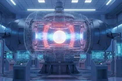 Illustration of nuclear fusion inside a tokamak reactor with glowing plasma