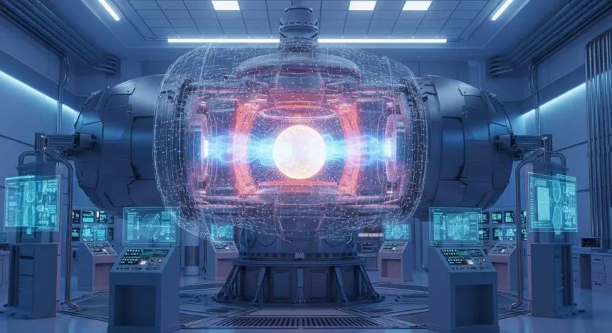 Illustration of nuclear fusion inside a tokamak reactor with glowing plasma