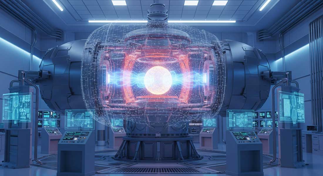 Illustration of nuclear fusion inside a tokamak reactor with glowing plasma