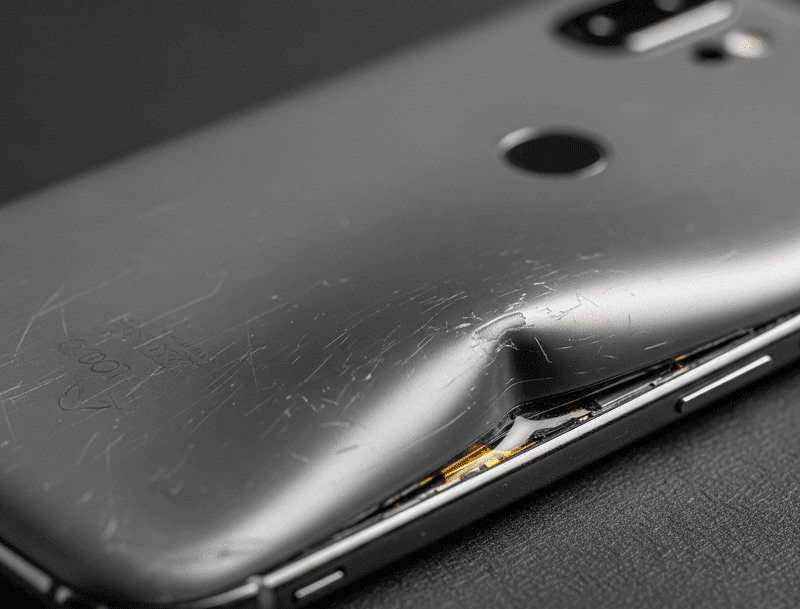 Close-up of a swollen smartphone battery causing the phone’s back cover to bulge