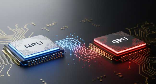 Neural Processing Unit: What Is NPU and Why It Matters in 2025 Realistic horizontal image of NPU and GPU chips on a circuit board connected by data flow lines, illustrating their roles in local large language models (LLMs).