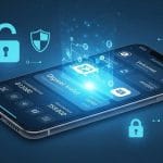 Futuristic smartphone screen showing a digital wallet with security icons like shield and padlock, representing digital wallet security in 2025.