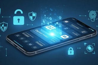 Futuristic smartphone screen showing a digital wallet with security icons like shield and padlock, representing digital wallet security in 2025.