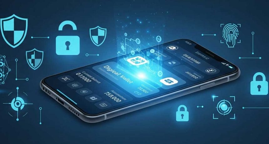 Futuristic smartphone screen showing a digital wallet with security icons like shield and padlock, representing digital wallet security in 2025.