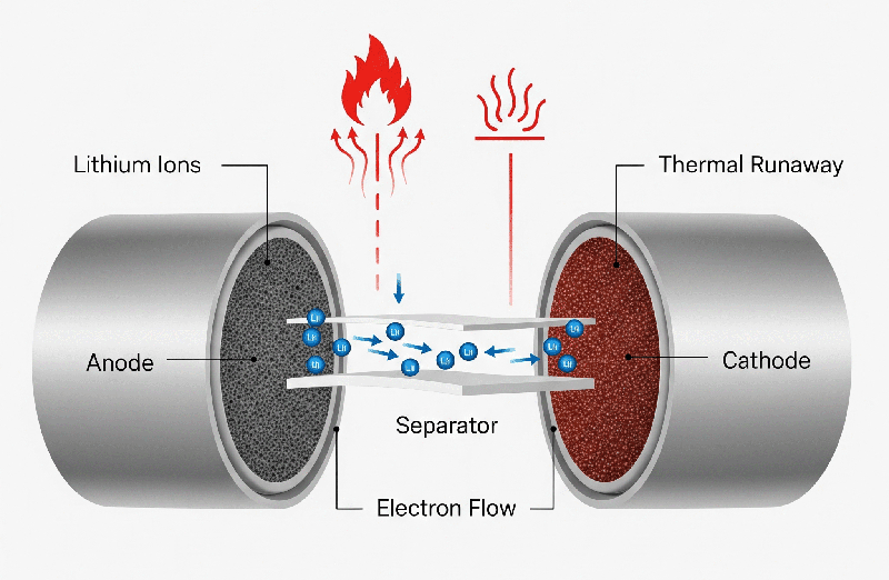 Lithium Battery Explosion: Why Do Lithium Batteries Explode and How to Stay Safe Infographic showing lithium-ion battery cross-section with ions moving and heat/fire icons indicating thermal runaway.