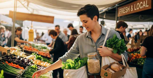 10 Simple Steps to a Zero Waste Lifestyle Person practicing mindful shopping using reusable bags and jars at a local market, promoting zero waste lifestyle