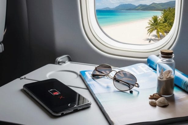 A smartphone with low battery held near an airplane window, showing a blurred aircraft wing in the background.