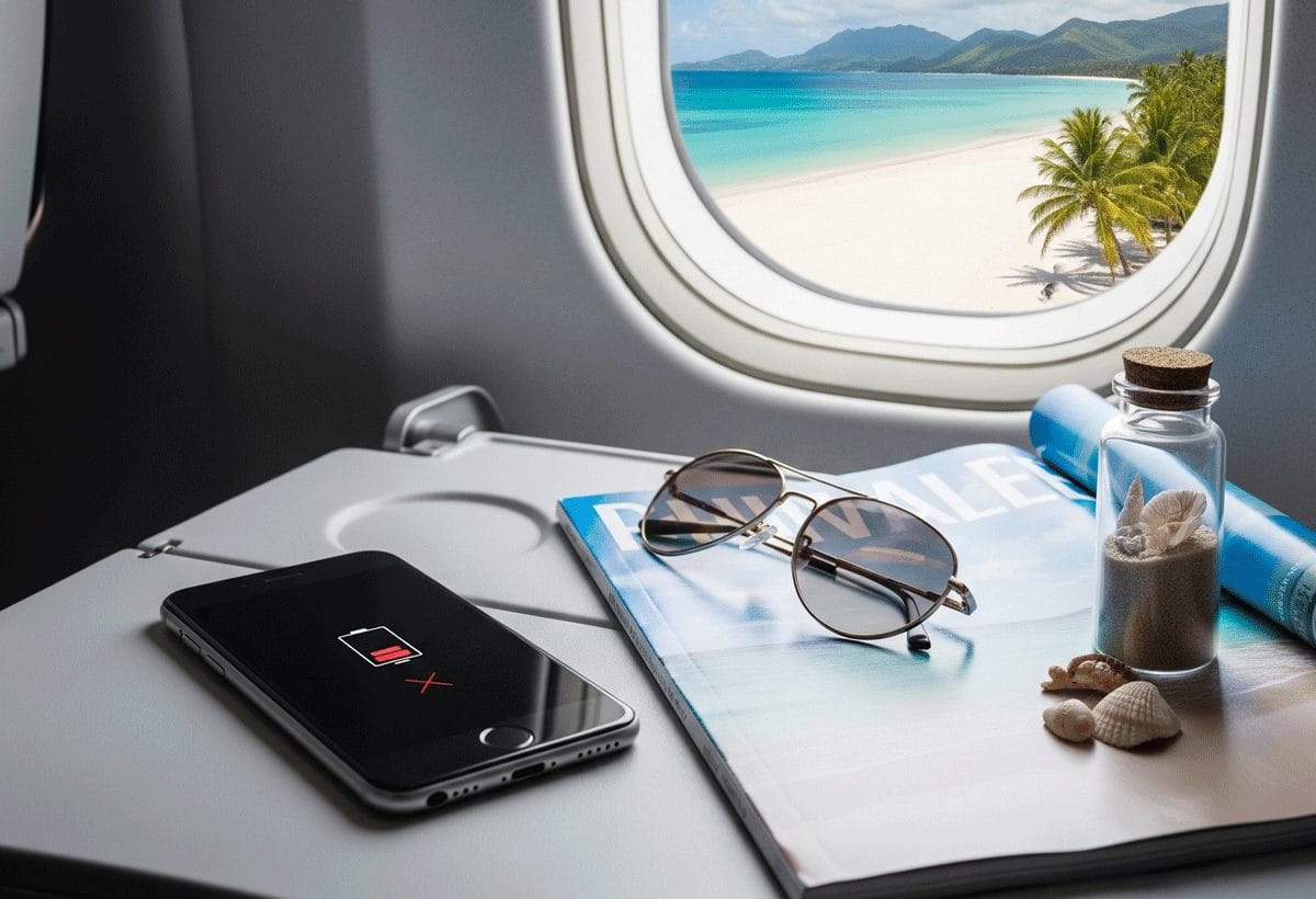 A smartphone with low battery held near an airplane window, showing a blurred aircraft wing in the background.