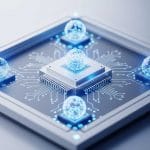 Realistic minimalist digital illustration of a quantum computer chip with glowing qubits representing quantum computing in 2025.