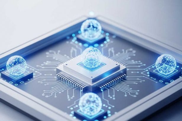 Realistic minimalist digital illustration of a quantum computer chip with glowing qubits representing quantum computing in 2025.