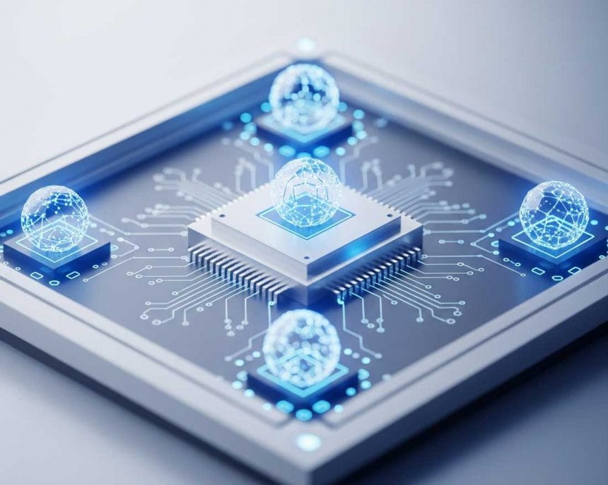Realistic minimalist digital illustration of a quantum computer chip with glowing qubits representing quantum computing in 2025.