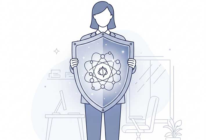 Quantum Computing in 2025: How It Will Transform AI and Data Security Minimalist illustration of a businessperson holding a glowing shield with quantum symbols, symbolizing business readiness for the quantum future.
