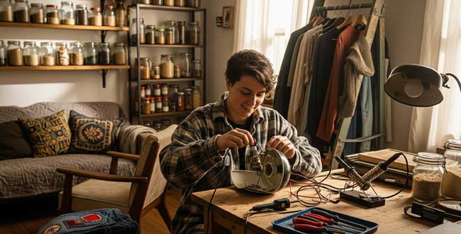 10 Simple Steps to a Zero Waste Lifestyle Person engaging in repair and reuse activities at home, promoting sustainable zero waste habits