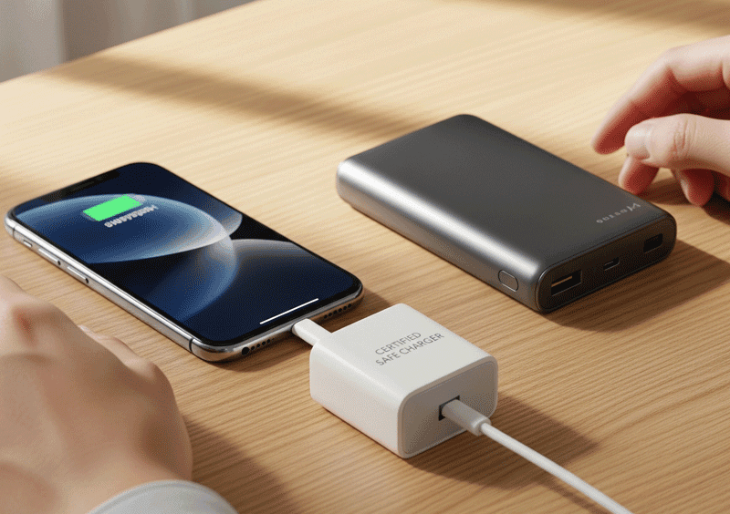 Lithium Battery Explosion: Why Do Lithium Batteries Explode and How to Stay Safe Person charging smartphone with certified charger next to a neatly stored power bank on a wooden desk.
