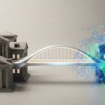 A conceptual image showing stable coins acting as a bridge between traditional banking and blockchain technology in 2025