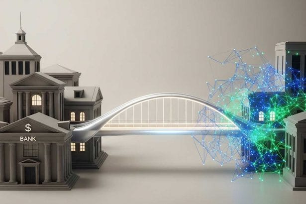 A conceptual image showing stable coins acting as a bridge between traditional banking and blockchain technology in 2025