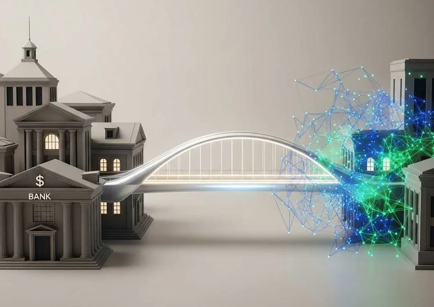 A conceptual image showing stable coins acting as a bridge between traditional banking and blockchain technology in 2025