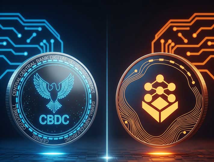 Stable Coin Guide (2025): Best Stablecoins List, Prices & How They Work Illustration showing the difference between CBDCs and stable coins in the future of digital finance