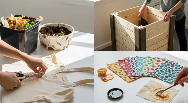 10 Simple Steps to a Zero Waste Lifestyle DIY zero waste projects including reusable bags, beeswax wraps, and small compost bins