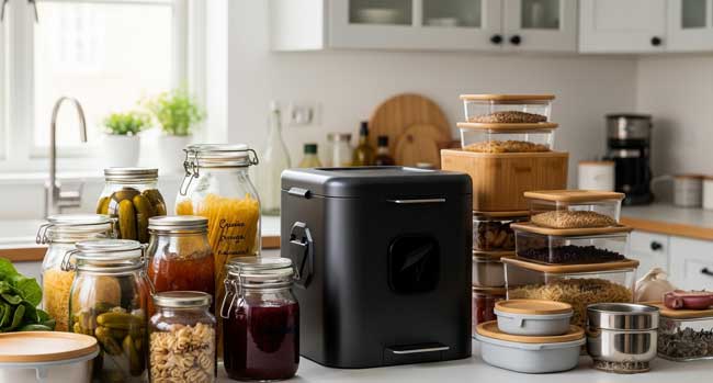 10 Simple Steps to a Zero Waste Lifestyle Zero waste kitchen setup with compost bin, homemade food in jars, and reusable containers