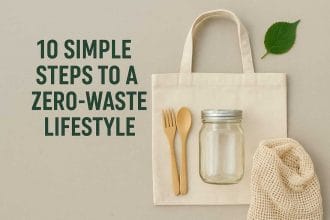 A minimalist setup with reusable items, compost bin, and eco-friendly products illustrating a zero-waste lifestyle
