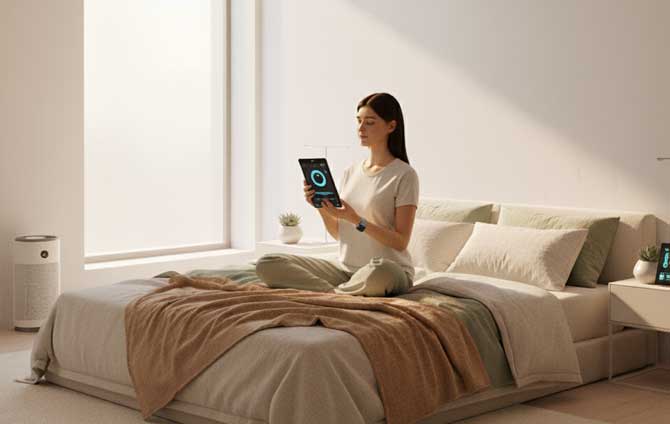 The Science of Sleep Quality in 2025: New Techniques for Better Rest A person checking an AI-powered sleep coaching app in bed, showing personalized recommendations for better sleep.