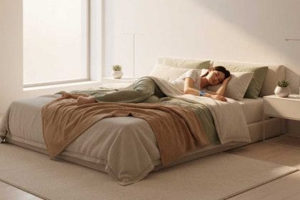 A person sleeping peacefully in a modern 2025 bedroom, illustrating the science of sleep quality with a subtle wearable sleep tracker.