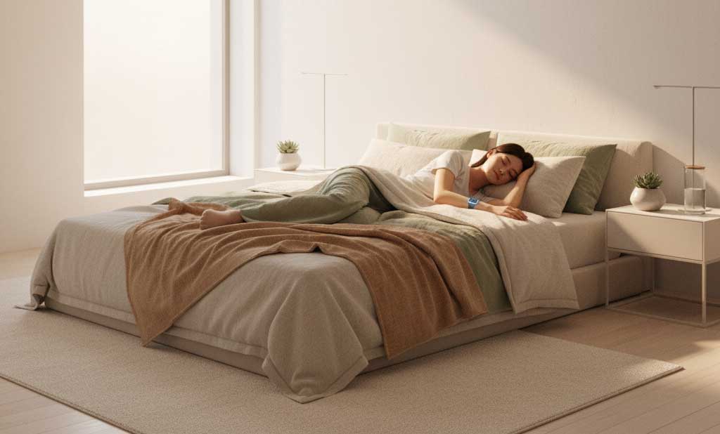 A person sleeping peacefully in a modern 2025 bedroom, illustrating the science of sleep quality with a subtle wearable sleep tracker.