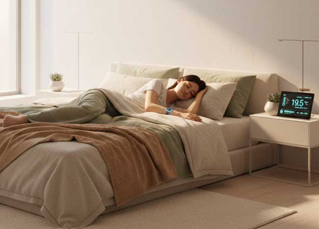 The Science of Sleep Quality in 2025: New Techniques for Better Rest A person resting in a modern bedroom with smart lighting and temperature controls, highlighting sleep technology in 2025.