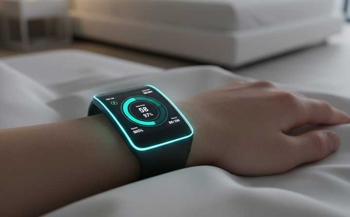 The Science of Sleep Quality in 2025: New Techniques for Better Rest A wearable sleep tracker on a wrist monitoring sleep in a modern bedroom, illustrating advanced sleep quality tracking.