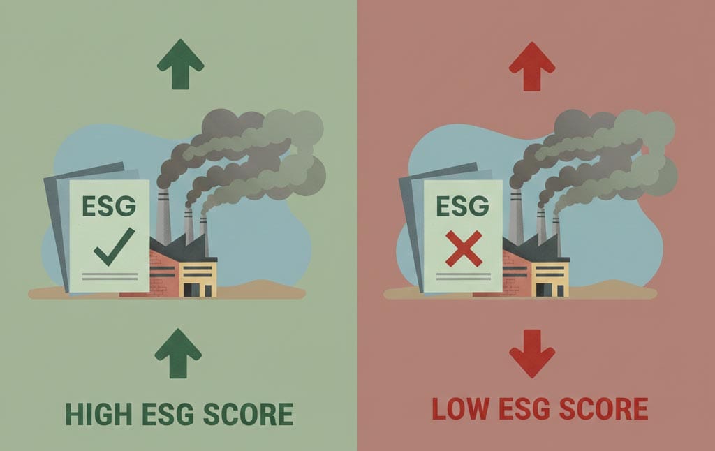 esg scores misleading investors illustrated as sustainability claims on paper hiding real environmental impact