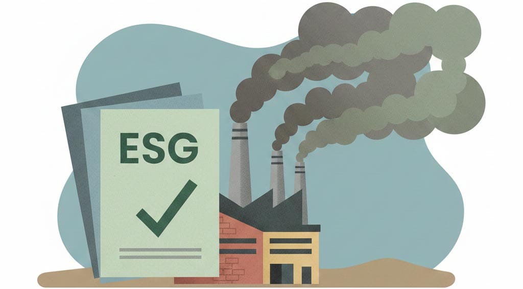 esg scores misleading investors illustrated as sustainability claims on paper hiding real environmental impact