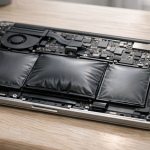 Opened laptop with a visibly swollen internal battery