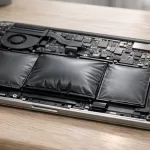 Opened laptop with a visibly swollen internal battery