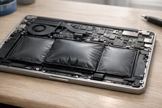 Opened laptop with a visibly swollen internal battery