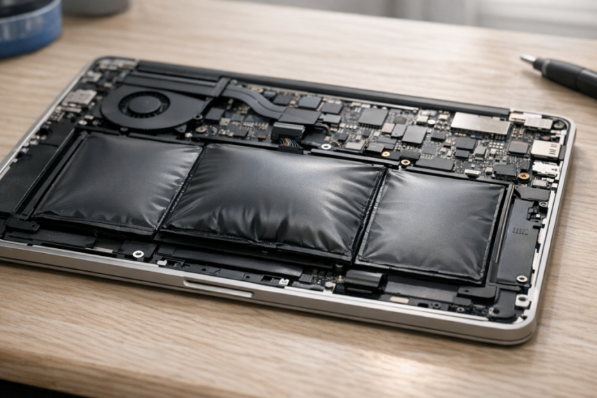 Opened laptop with a visibly swollen internal battery
